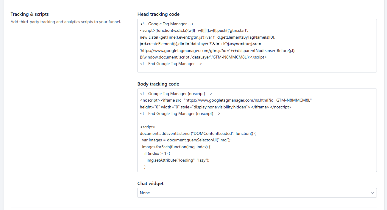funnel settings tracking codes